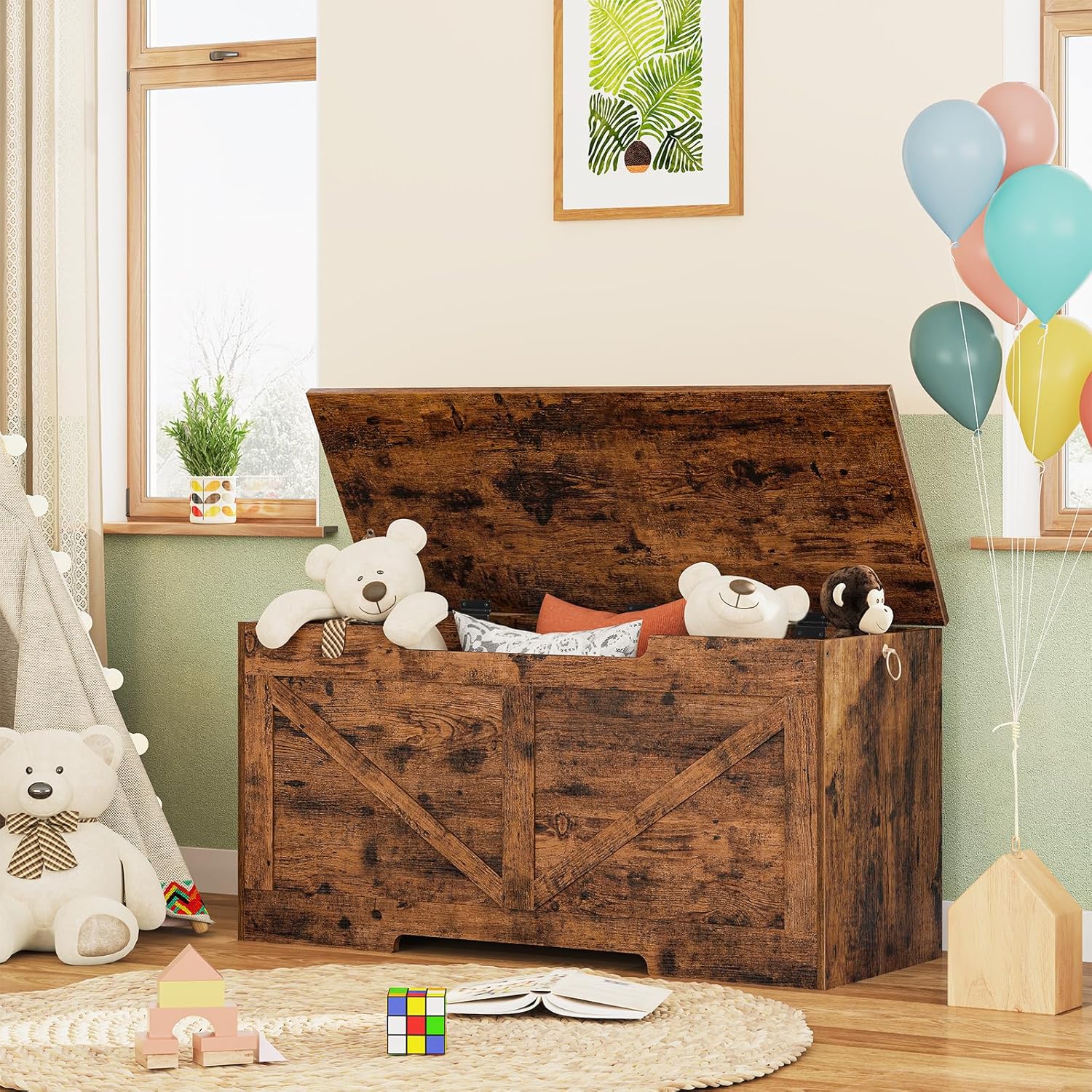 HOOBRO Storage Chest 100 cm Toy Box Organizer, Wooden Storage Bench with Safety Hinge, Rustic Brown BF771CW01G1