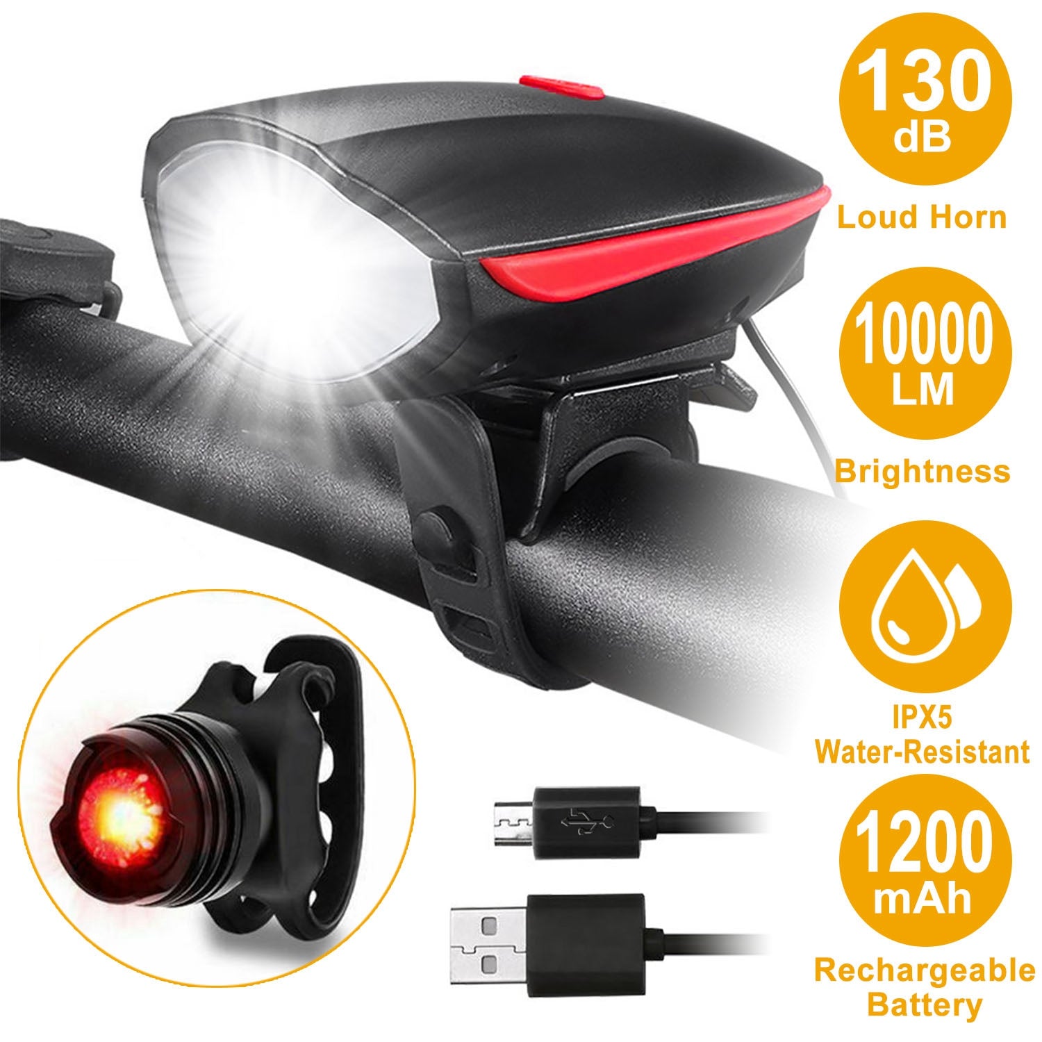 10000lm Bike Headlight USB Rechargeable LED Bicycle Front Light Rear Tail Light with 130dB Loud Horn