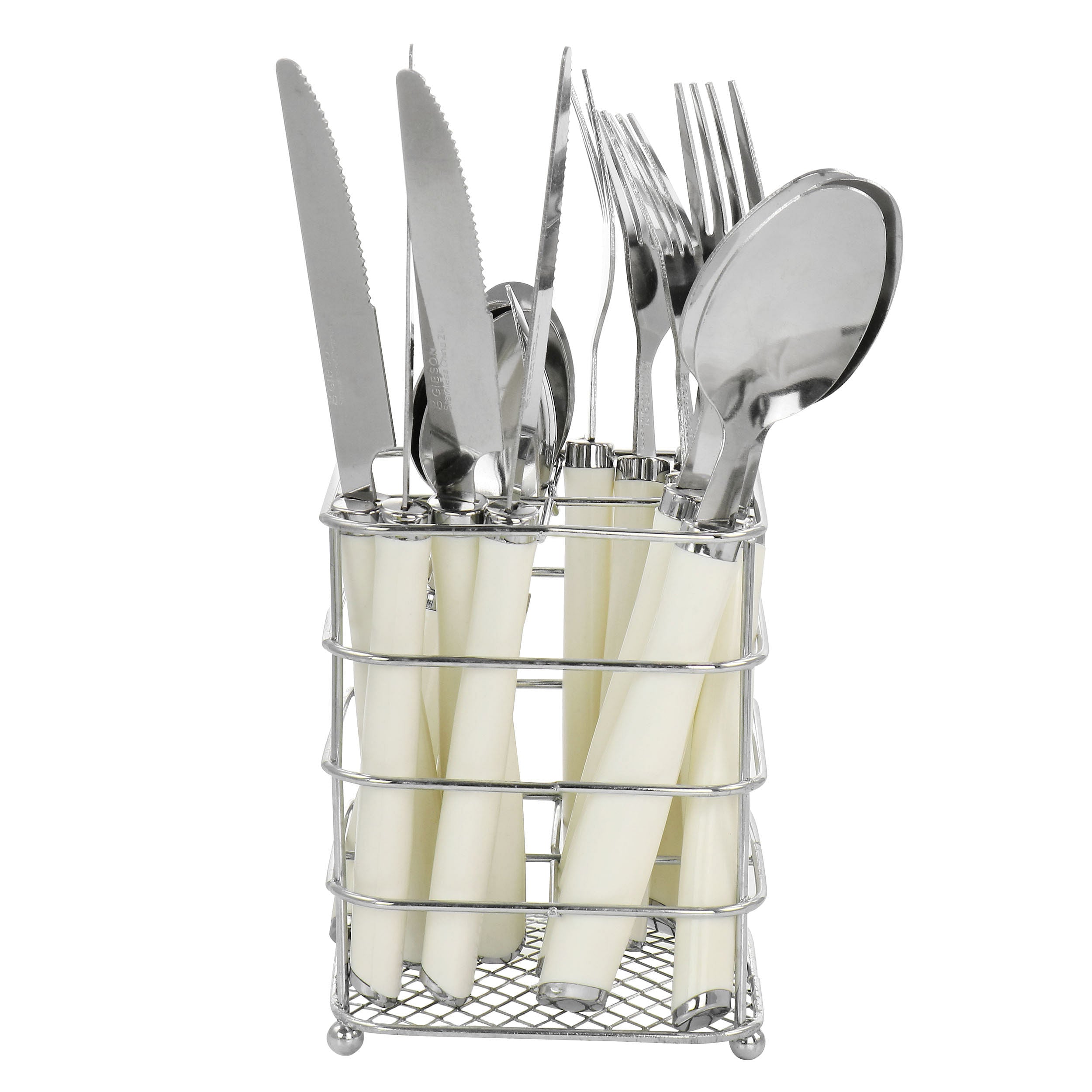 Gibson Everyday Fairfield 16 Piece Flatware Set with Wire Caddy in Egg Shell - Free Shipping