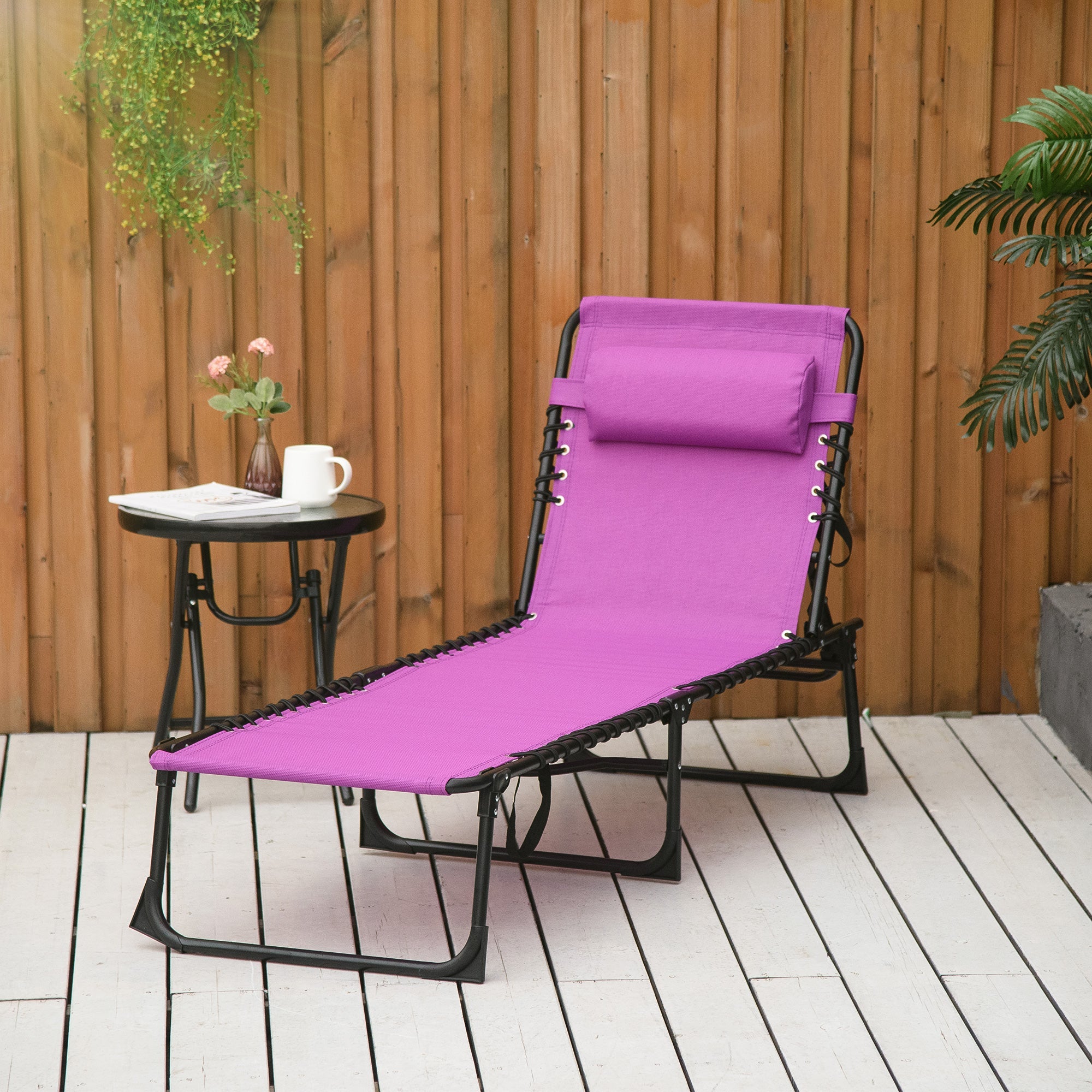 Outsunny Portable Folding Beach Bed 4-Level Adjustable Recliner Lounger Cot Purple Lightweight for Camping 
