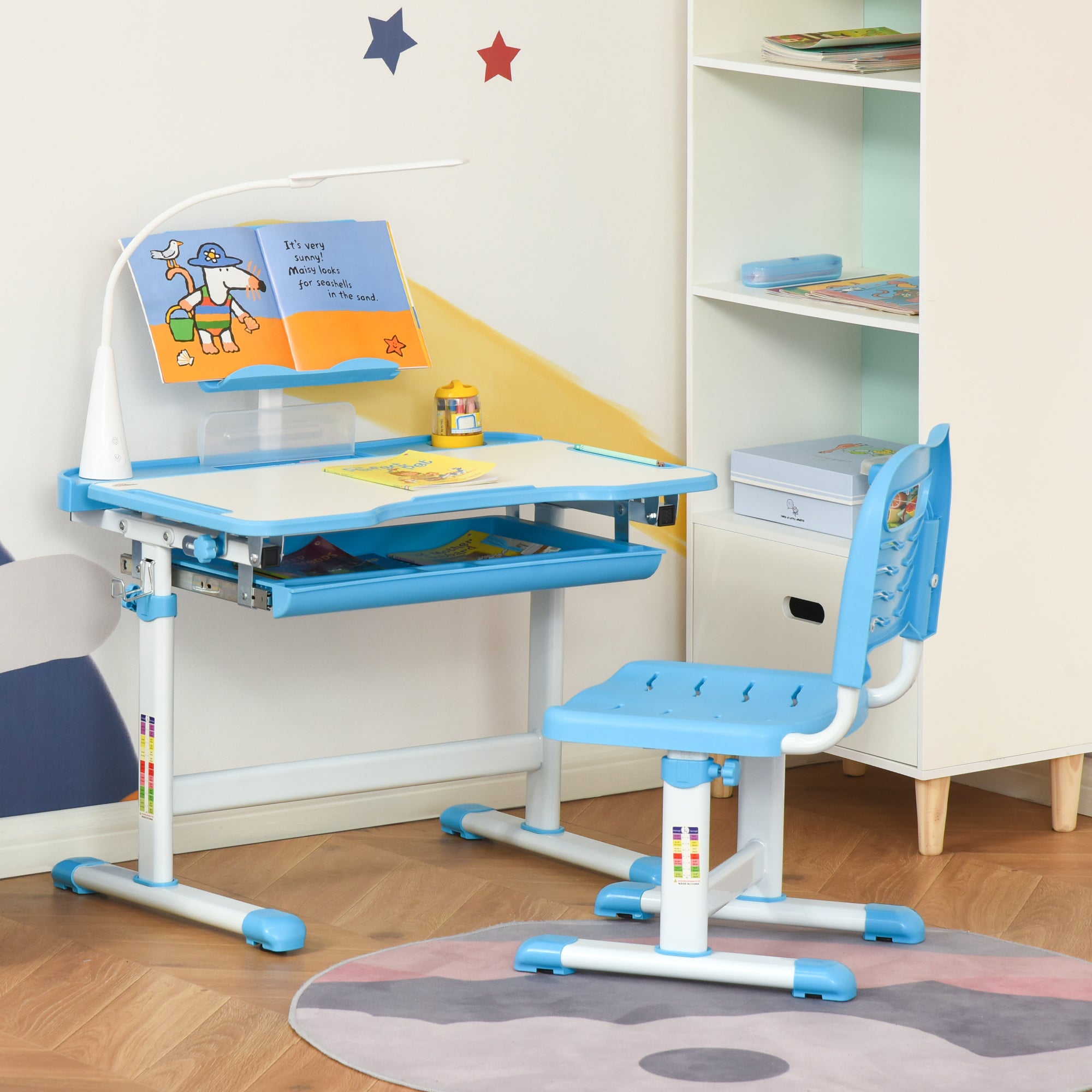 Qaba Adjustable Kids Desk Chair Set with Tilt Desktop LED Lamp Blue for Student Study Comfort 
