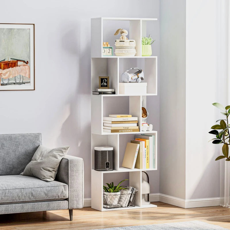 5-Tier Geometric Bookshelf, S Shaped Bookcase, Modern Freestanding Display Shelf Unit for Home Office, White