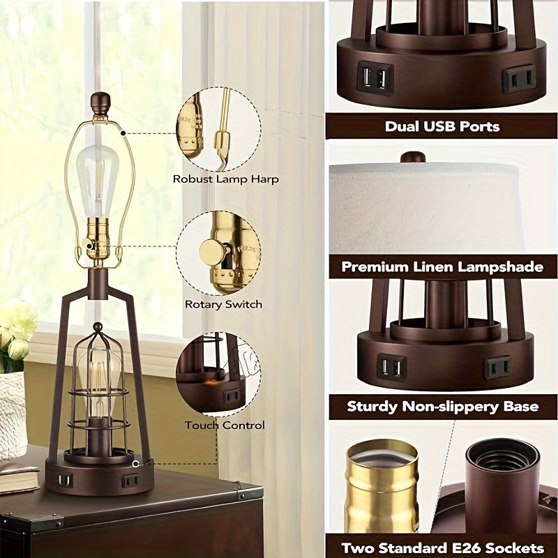 3-Way Dimmable Farmhouse Table Lamps Set of 2 – Touch Control with USB & AC Outlets, Oil Rubbed Bronze Bedside Lamps for Bedroom/Living Room – Bulbs Included 