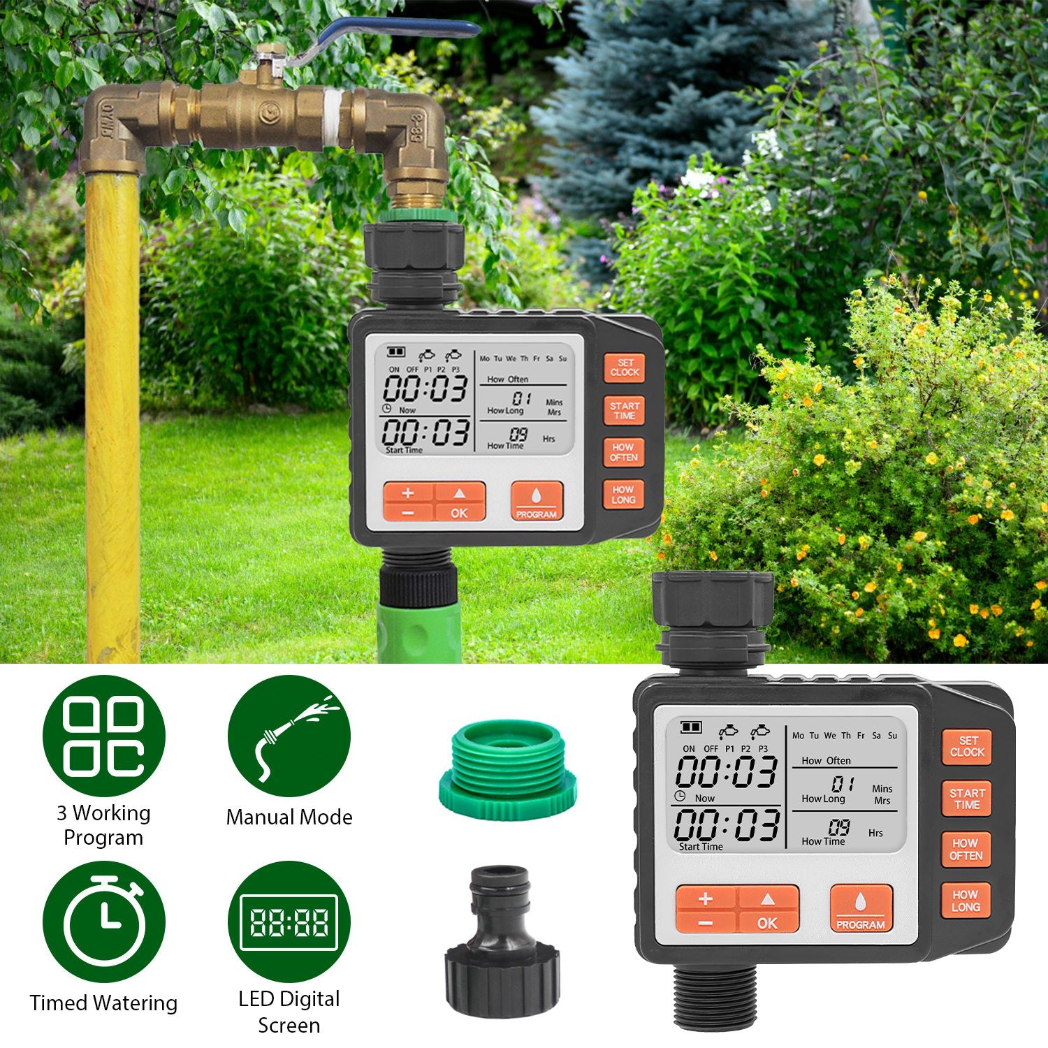 Sprinkler Timer with 3 Watering Programs Manual Mode Automatic Watering System Waterproof Irrigation Timer House Faucet Timer For Garden Yard Lawn