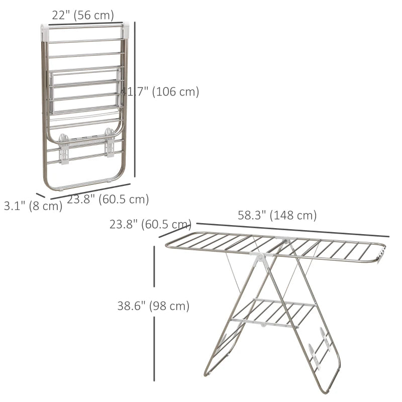 Clothes Drying Rack, 2-Tier Stainless Steel Foldable Laundry Rack with Adjustable Wings and Shoe Holders, Silver