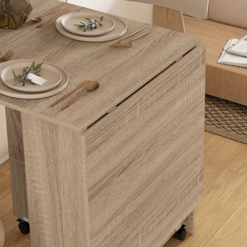Extendable Dining Table, Collapsible Folding Table w/ 2-tier Shelves and Rolling Casters, Nature Wood