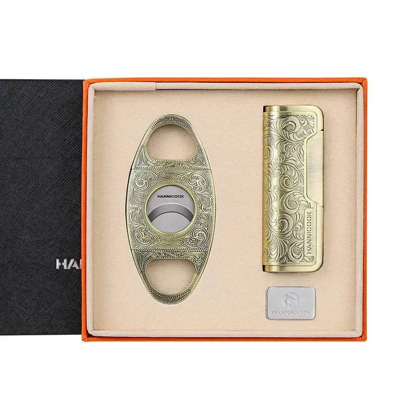 Embossed Portable Metal Alloy Cigar Cutter and Torch Lighter Gift box set 