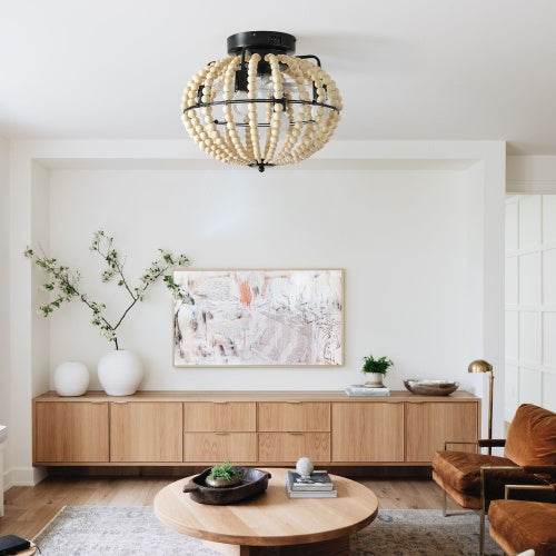 Beaded Fan Lamp Wooden Beaded Chandelier Oak White 