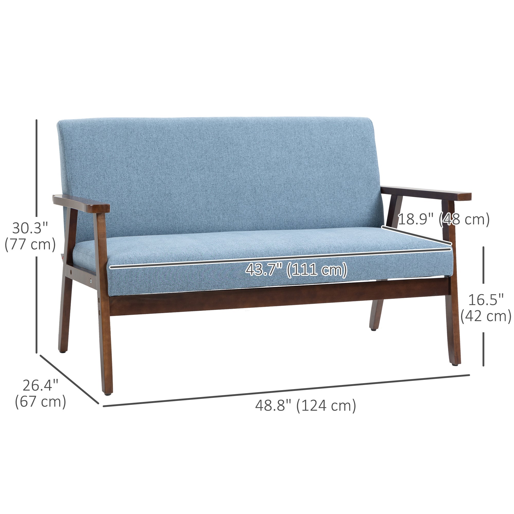HOMCOM Compact Linen Loveseat Sofa: Double Seat with Rubber Wood Frame, Blue 