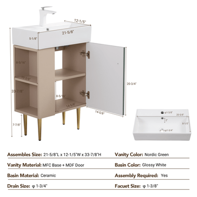 Contemporary Green Bathroom Vanity with Ceramic Sink & Soft-Closing Doors - Open Shelf Storage Cabinet on Left Side, 21.6" Wide, Assembly Required, Bathroom Decor And Accessories 
