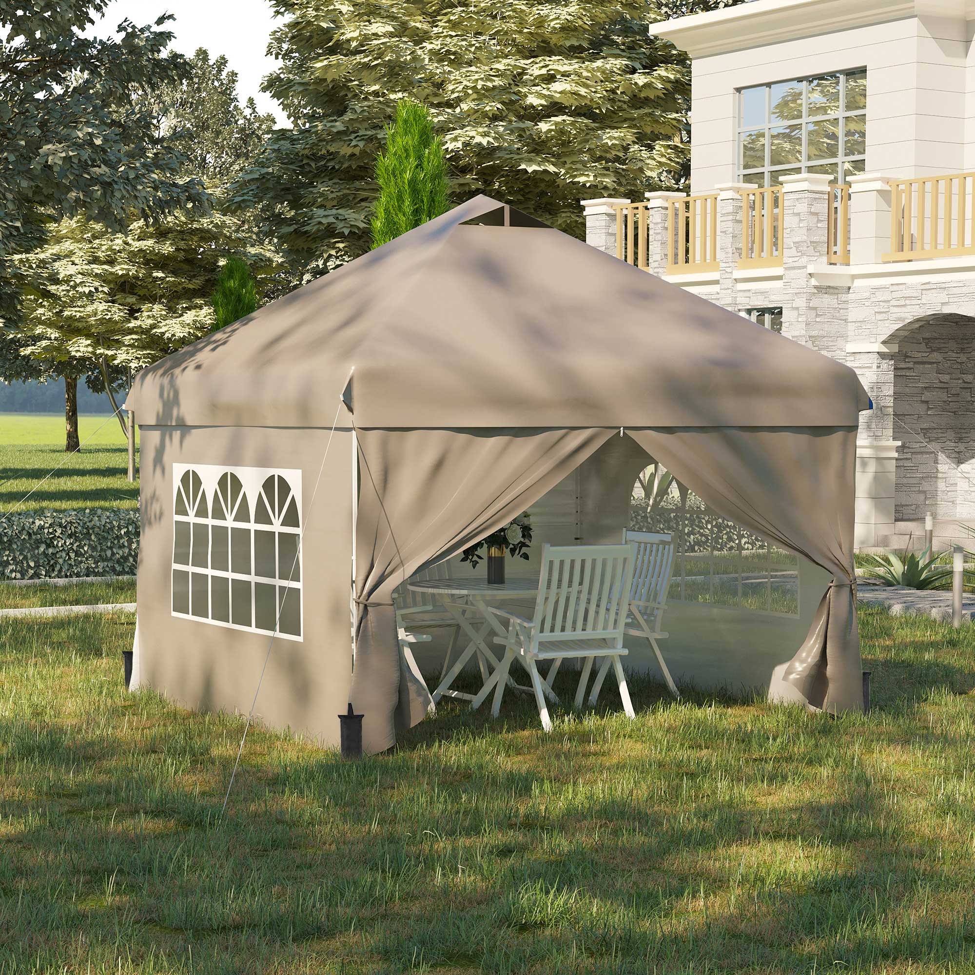 Outsunny 10' x 10' Pop Up Canopy Tent, Instant Shelter Tent with Sidewalls, Windows, Roller Bag and Sand Bags for Garden, Patio, Beige 