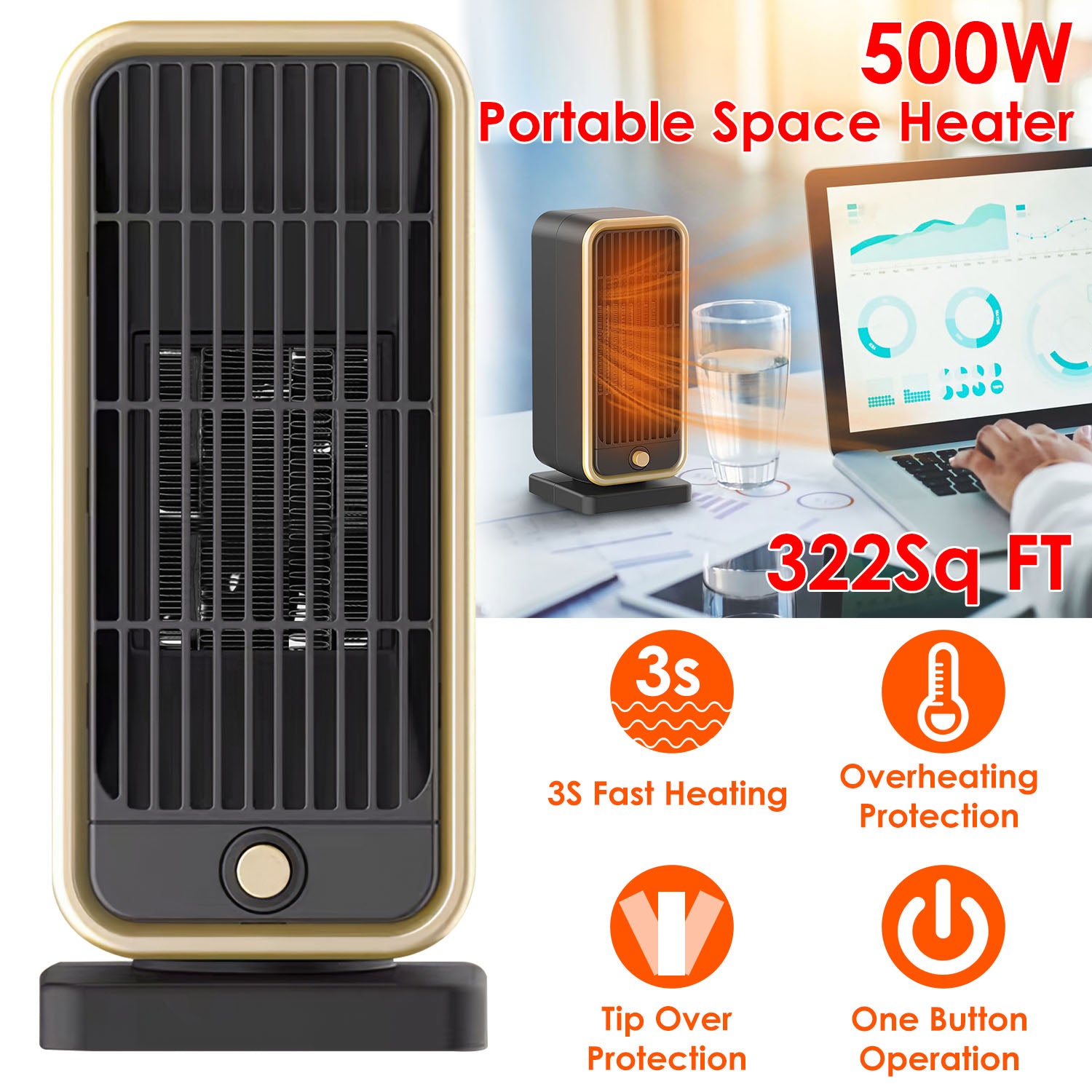 500W Portable Electric Heater PTC Ceramic Heating Space Heater Overheating Tip Over Protection 3S Heating Space For 322 Sq FT Home Office Use