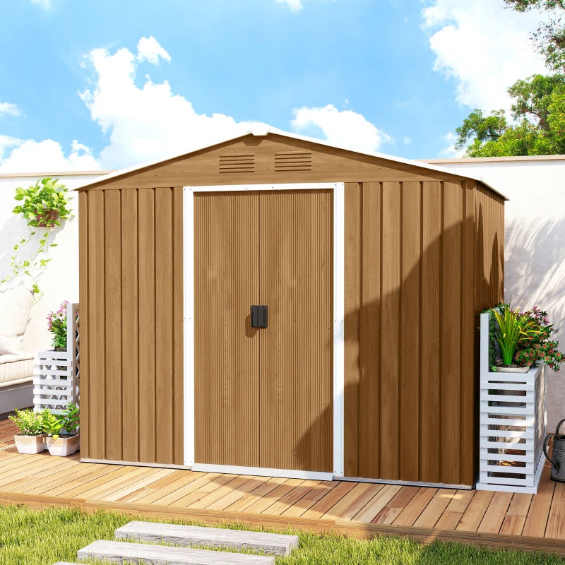 8' x 6' Outdoor Storage Shed, Metal Garden Tool Storage House with Lockable Sliding Doors and Vents for Backyard Patio Lawn, Dark Brown