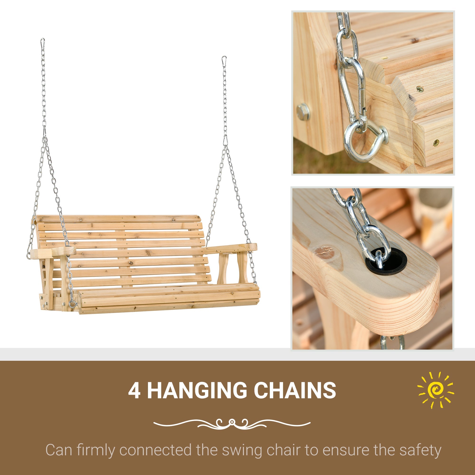 Outsunny 2 Seater Wooden Porch Swing Patio Swing Seat with Cup Holder and Chains Outdoor Swing Bench for Garden Yard, Natural 