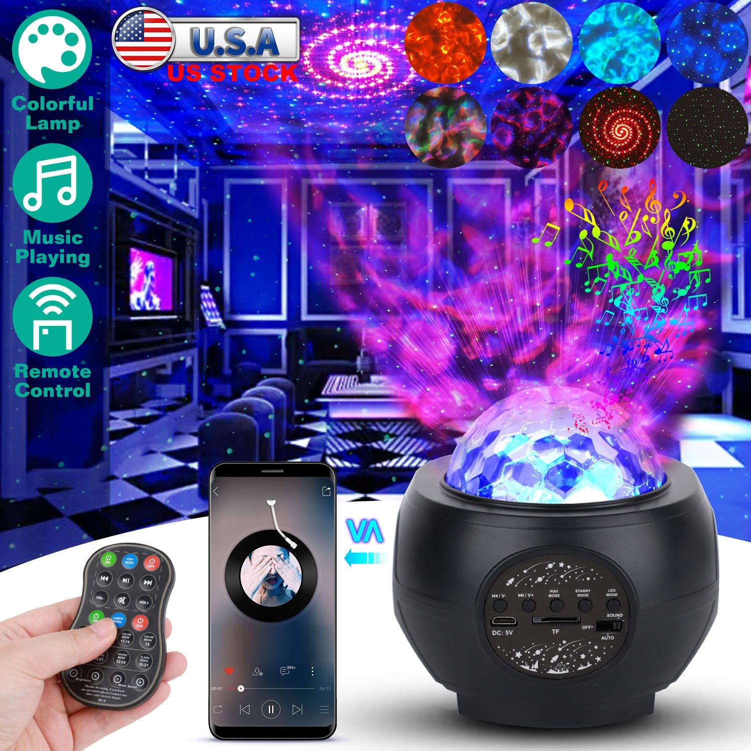 Galaxy Star Projector LED Sky Night Lamp USB Ocean Wave Star Light with Remote Control Wireless Music Speaker for Ceiling Bedroom 