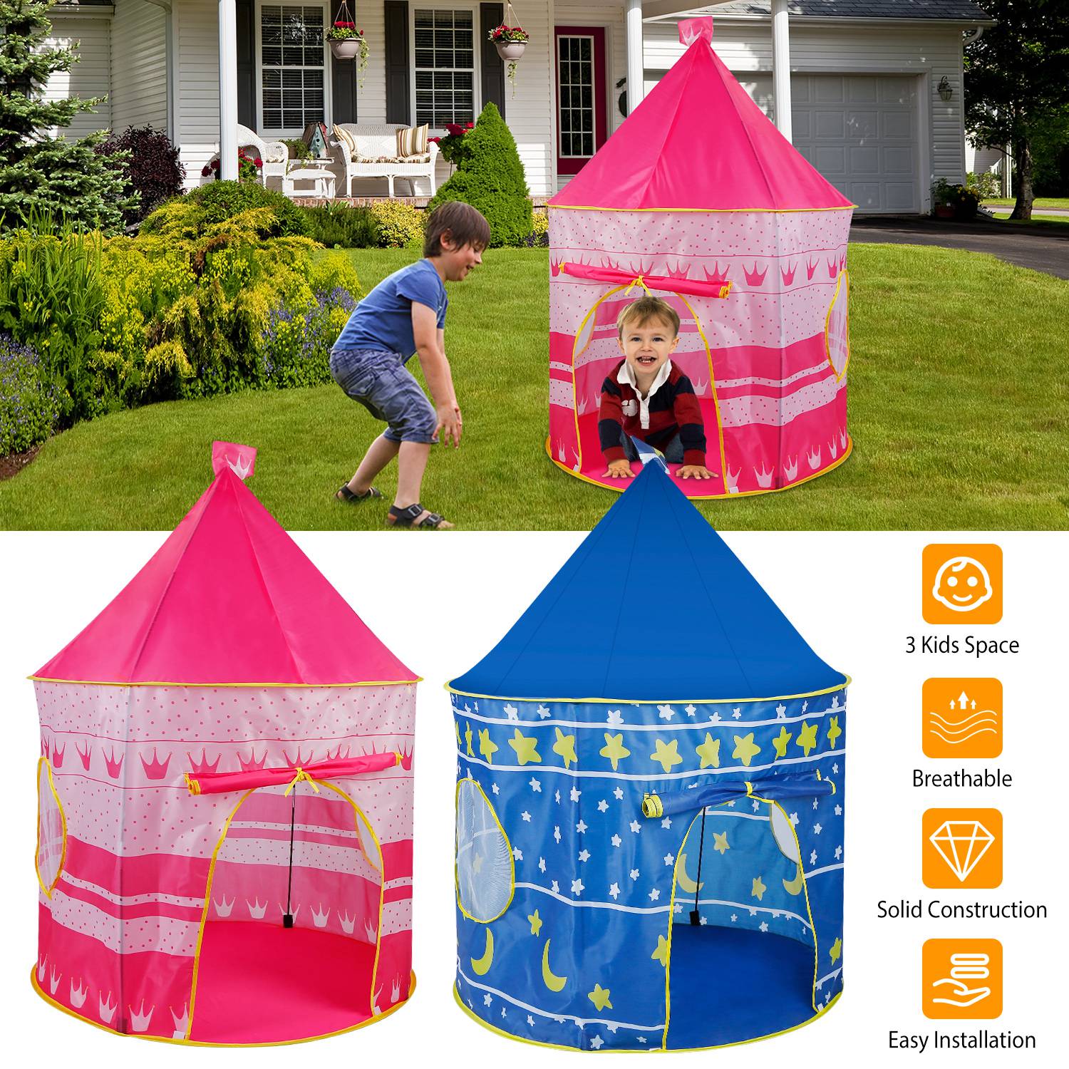 Kids Play Tent Foldable Pop Up Children Play Tent Portable Baby Play House Castle W/ Carry Bag Indoor Outdoor Use