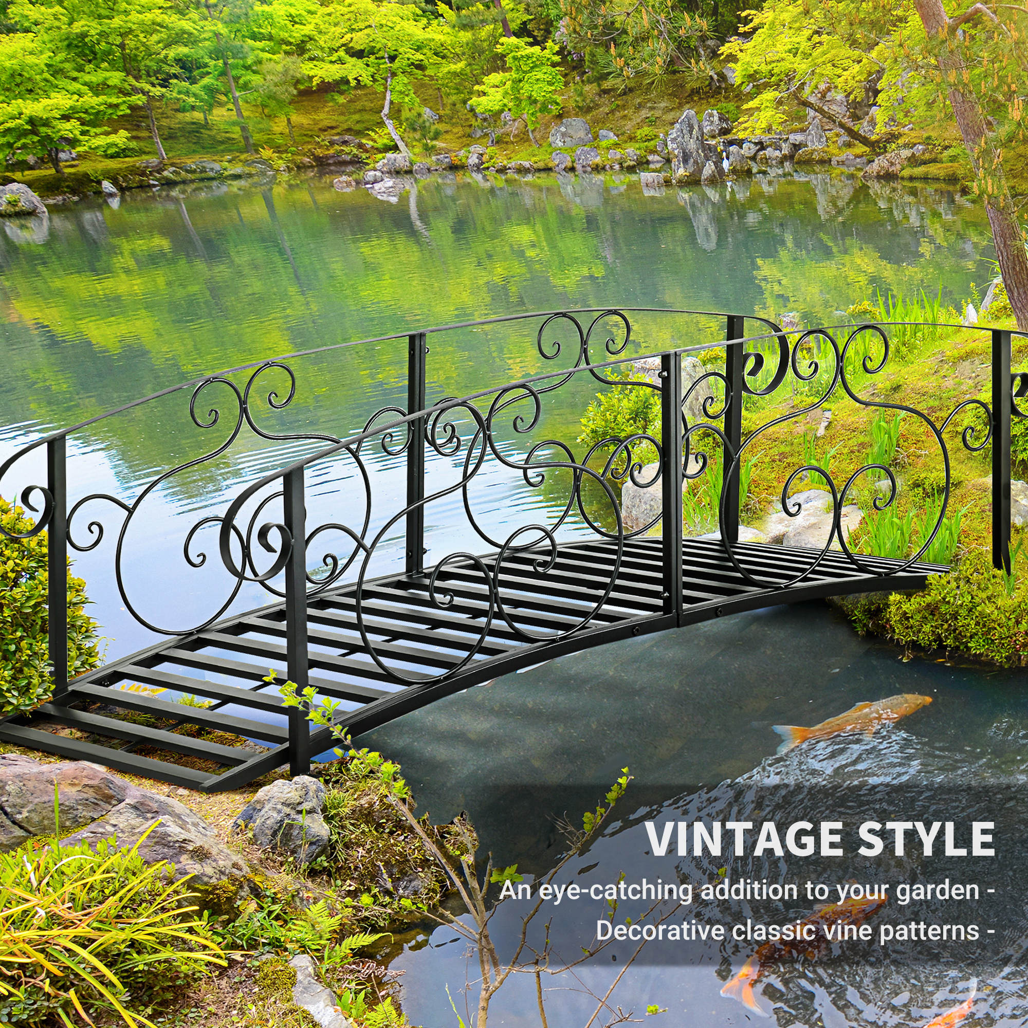 Outsunny Decorative Steel Garden Bridge 6FT with Safety Rails for Backyard Stream Pond Landscaping Black 