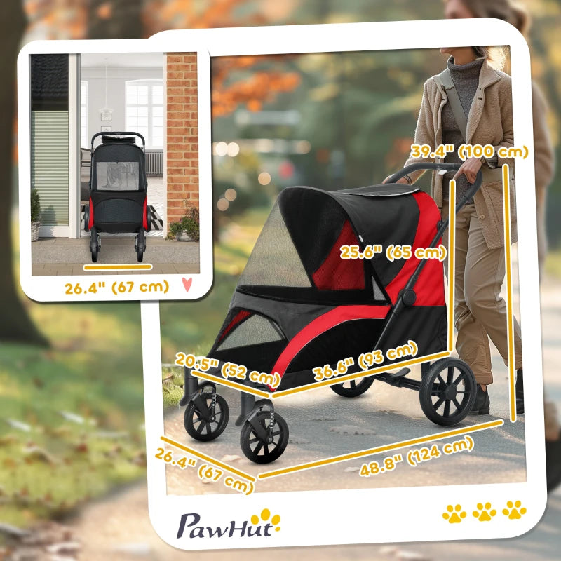 Foldable Pet Stroller for Large Dogs with Four Big Wheels, Shock-Absorbing Frame, Safety Leashes, Brakes, Black