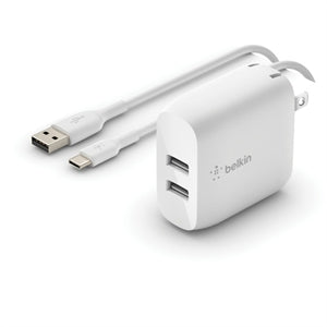 Belkin BoostCharge Dual USB-A Wall Charger 24W + USB-A to USB-C cable - Power Adapter 