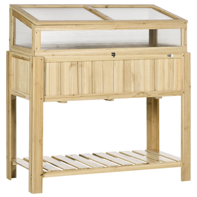 Outsunny Outdoor Raised Garden Bed with Cold Frame Greenhouse Storage Shelf Wooden PVC Elevated Planter Box Natural 
