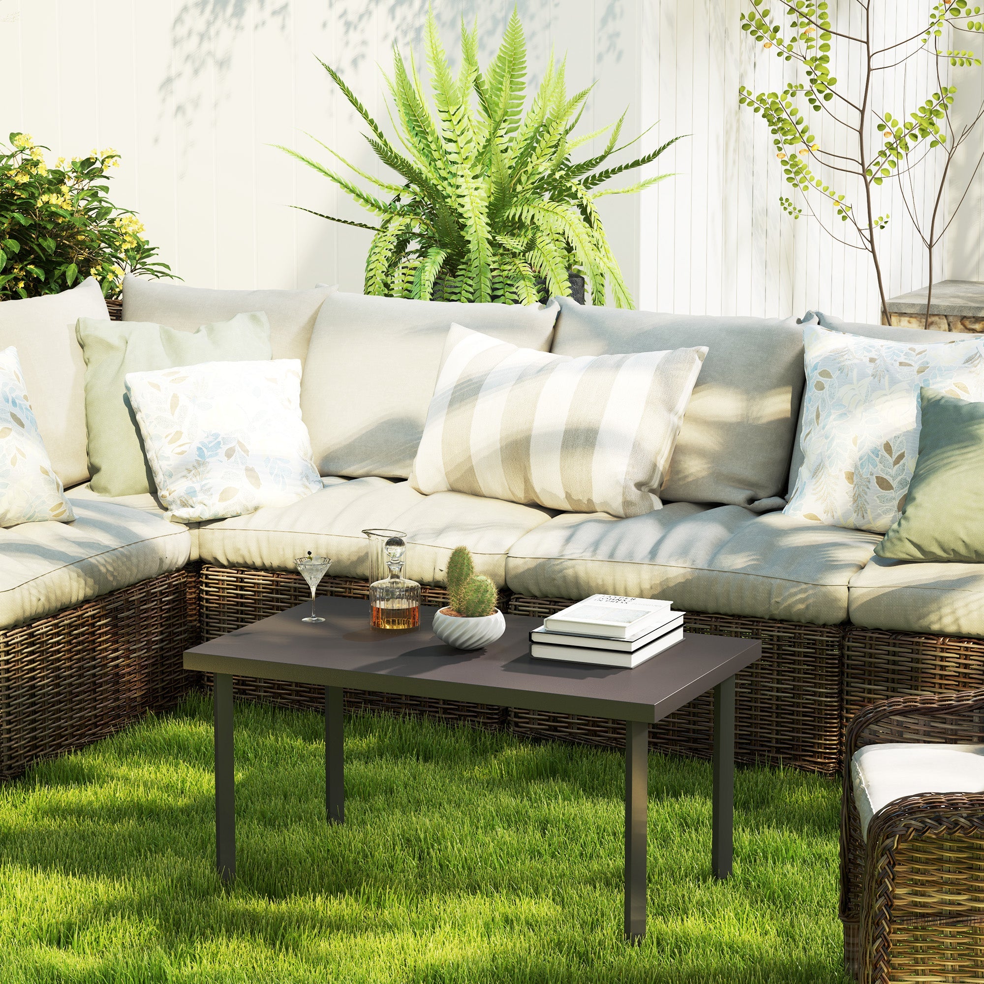 Outsunny Metal Outdoor Side Table, Rectangle Patio Coffee Table with Woodgrain Tabletop for Outside Garden, Brown 