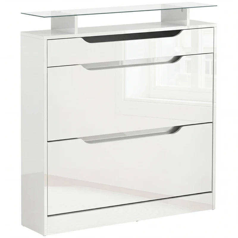 High Gloss Shoe Cabinet with 2 Flip Drawers and Adjustable Shelves, Narrow Shoe Storage Cabinet with Glass Top, White