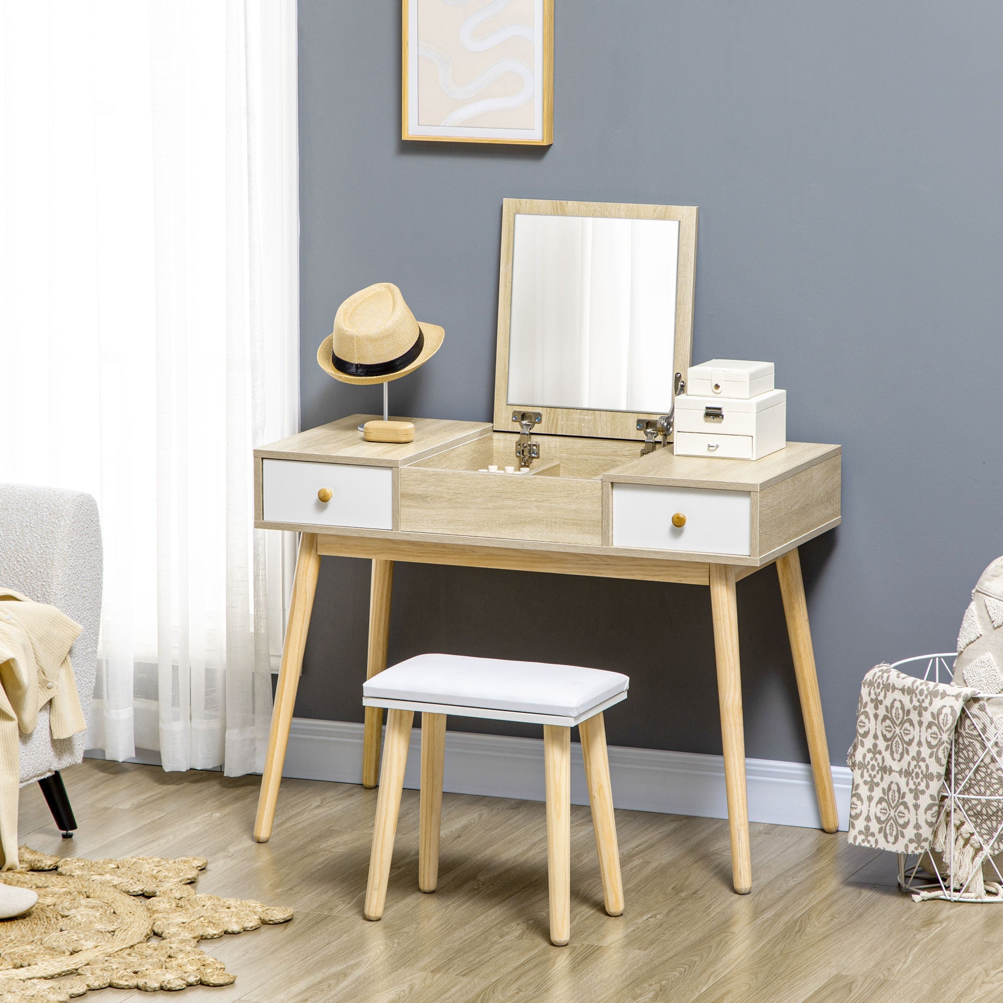 HOMCOM Dressing Table Set Flip Top Mirror Cushioned Stool Makeup Vanity Desk Natural Finish for Bedroom 