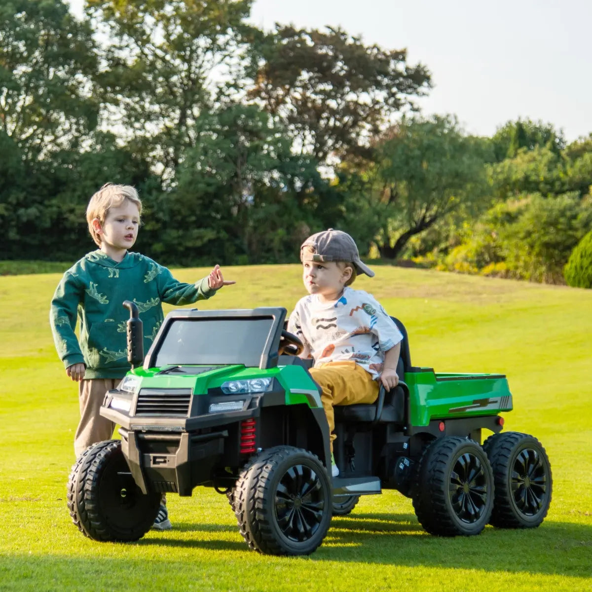 24V 6 Wheeler Freddo Tractor Trailer 2 Seater Ride-on with Dump Cart and Parental Remote 