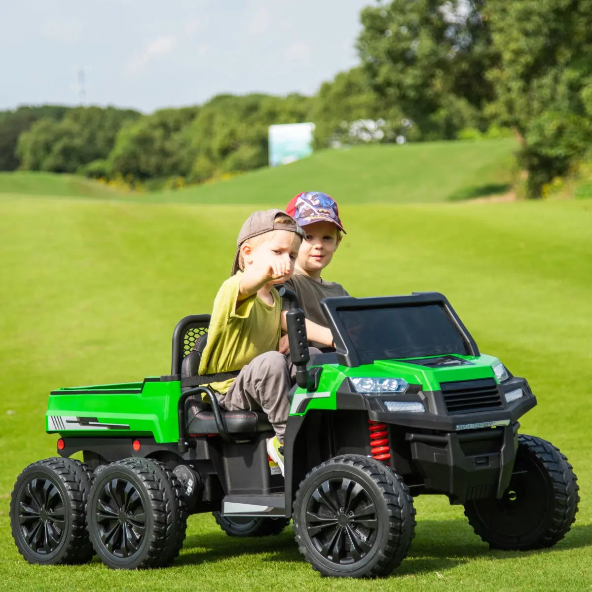 24V 6 Wheeler Freddo Tractor Trailer 2 Seater Ride-on with Dump Cart and Parental Remote 