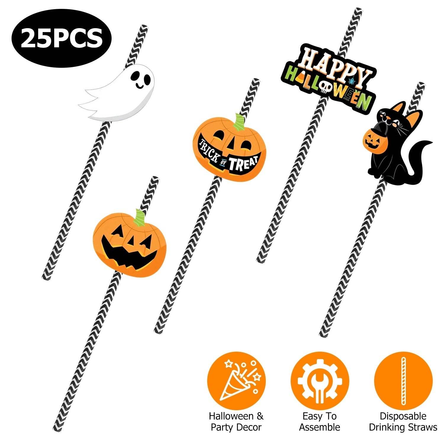 Set Of 25Pcs Halloween Party Striped Decorative Straws Disposable Drinking Straws Paper Straw Decor Happy Halloween Ghost Lantern Black Cat Halloween Party Supplies 