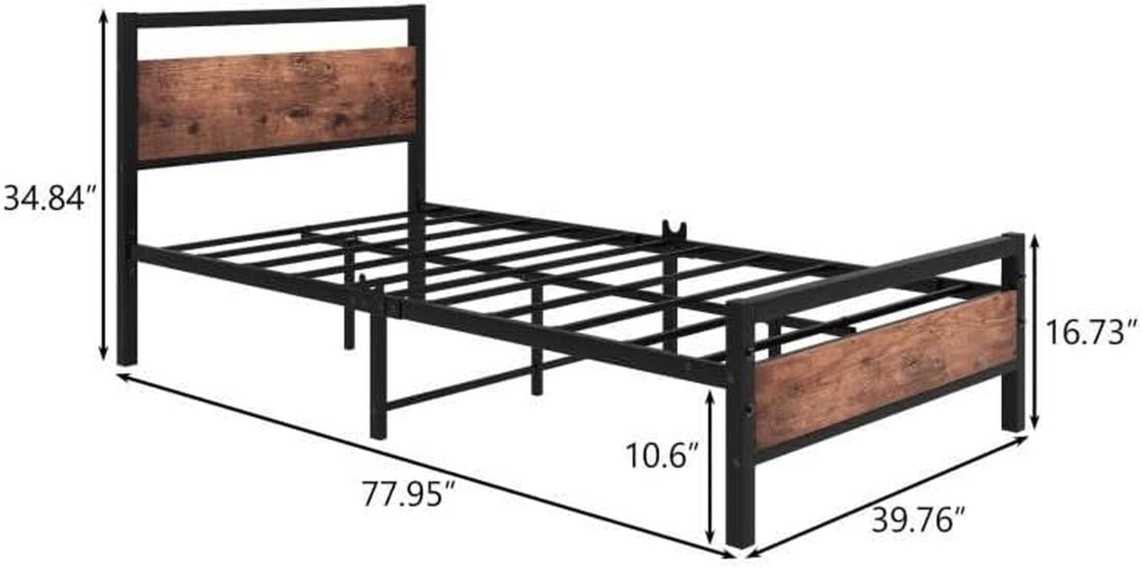 Metal Bed Frame Twin Size with Wood Headboard,Platform Bed Frame Twin No Box Spring Needed,Sturdy Reinforced Steel Slat,Rustic Brown