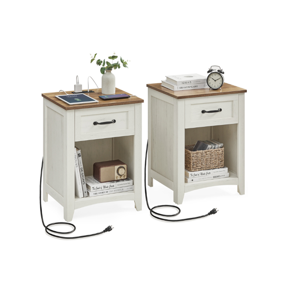 VASAGLE Farmhouse Nightstand with Charging Station, End Table with Drawer and Open Storage, Rustic White & Honey Brown