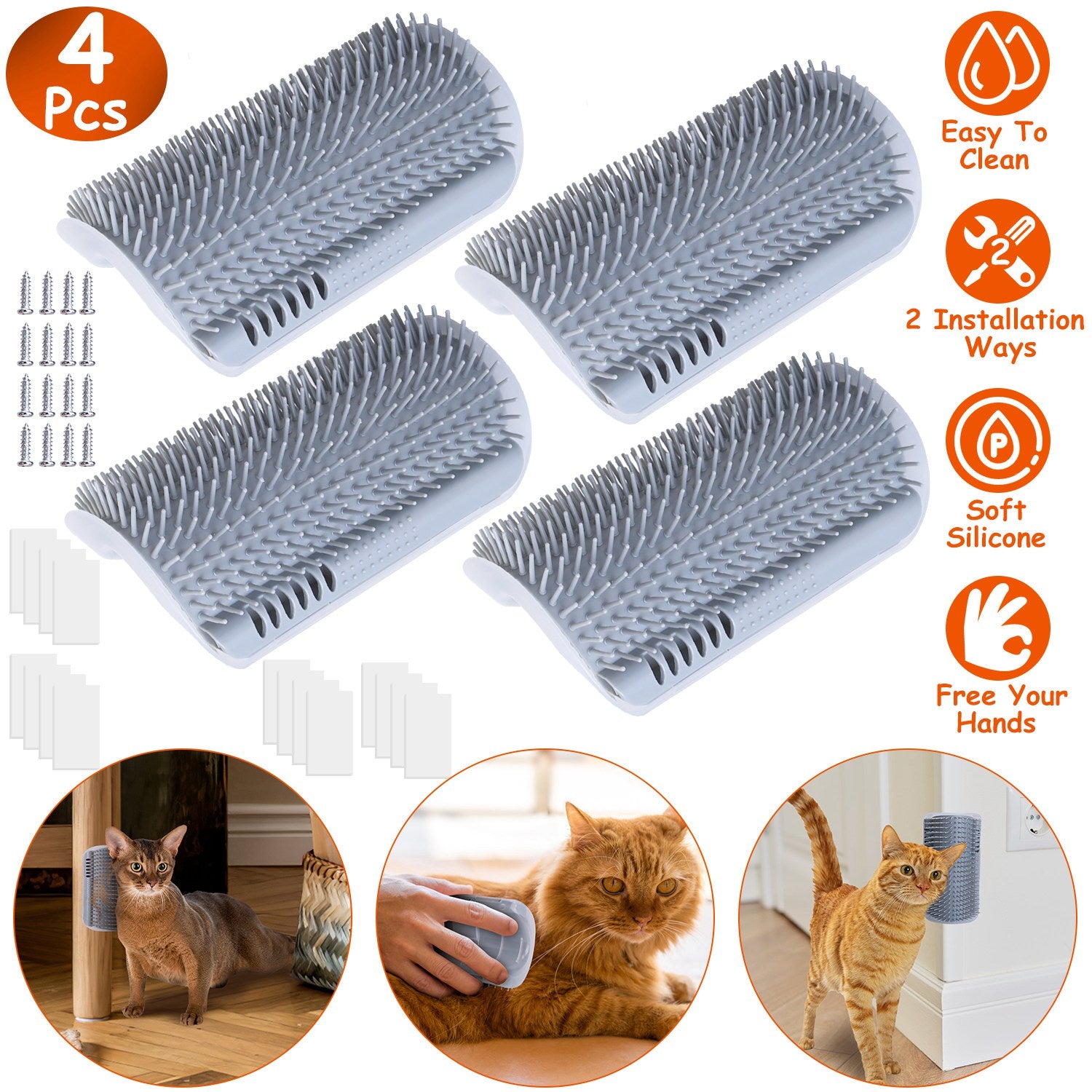 4Pcs Cat Self Groomer Soft Silicone Wall Corner Scratcher Pet Grooming Hair Brush Comb Massage Tool Kitten Indoor Long Short Fur