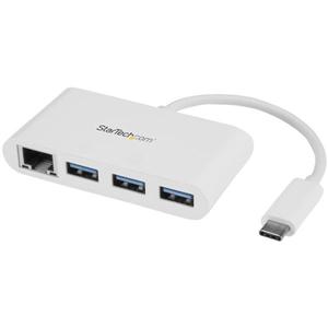 3 Port USB C Hub with Gigabit Ethernet - USB-C to 3x USB-A - USB 3.0 - White - USB Hub with GbE - USB-C to USB Adapter - USB Type C Hub 
