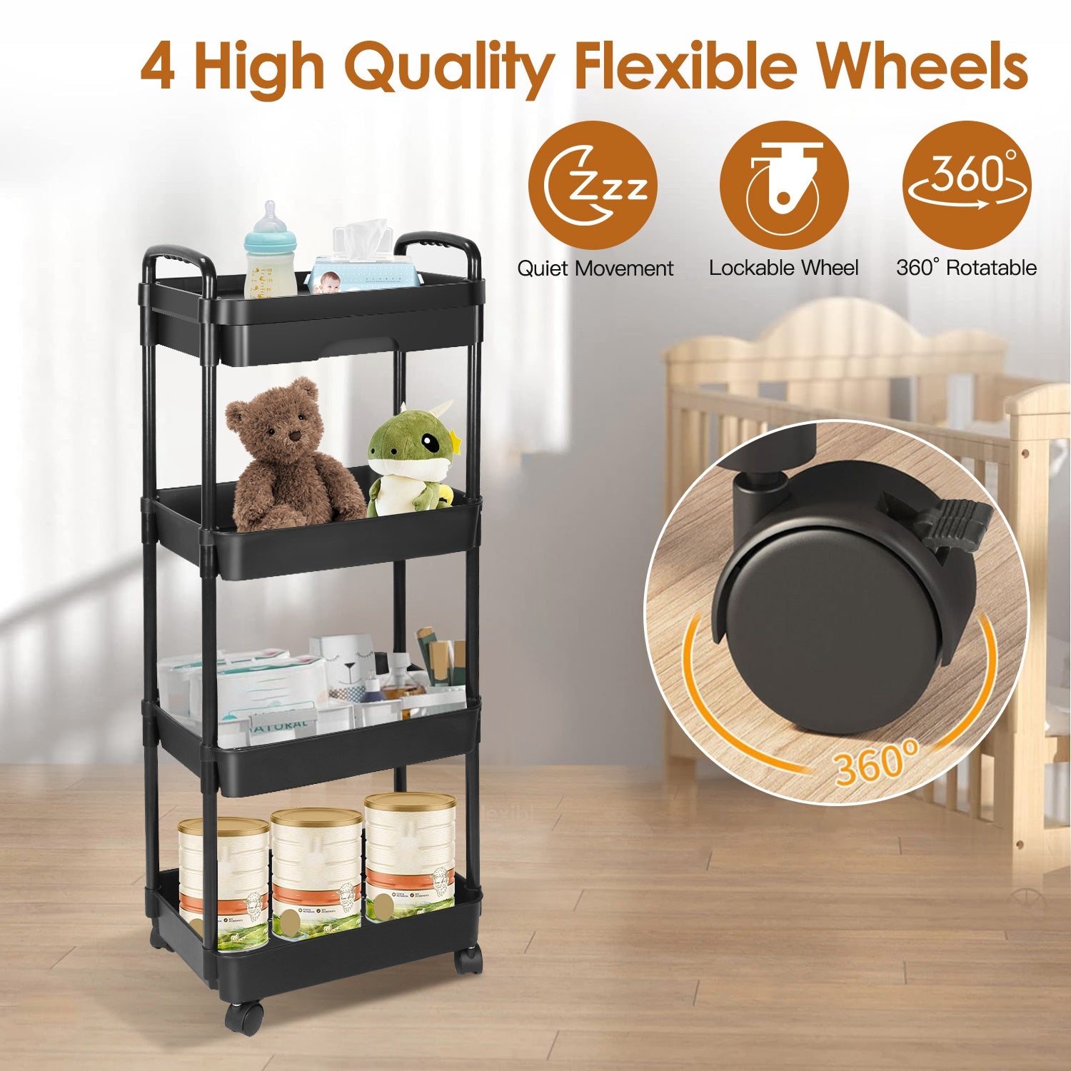 4 Tier Rolling Utility Cart Movable Storage Organizer with Drawer Lockable Wheels 360 Degree Rotatable Hallow Design for Bedroom Bathroom Kitchen 