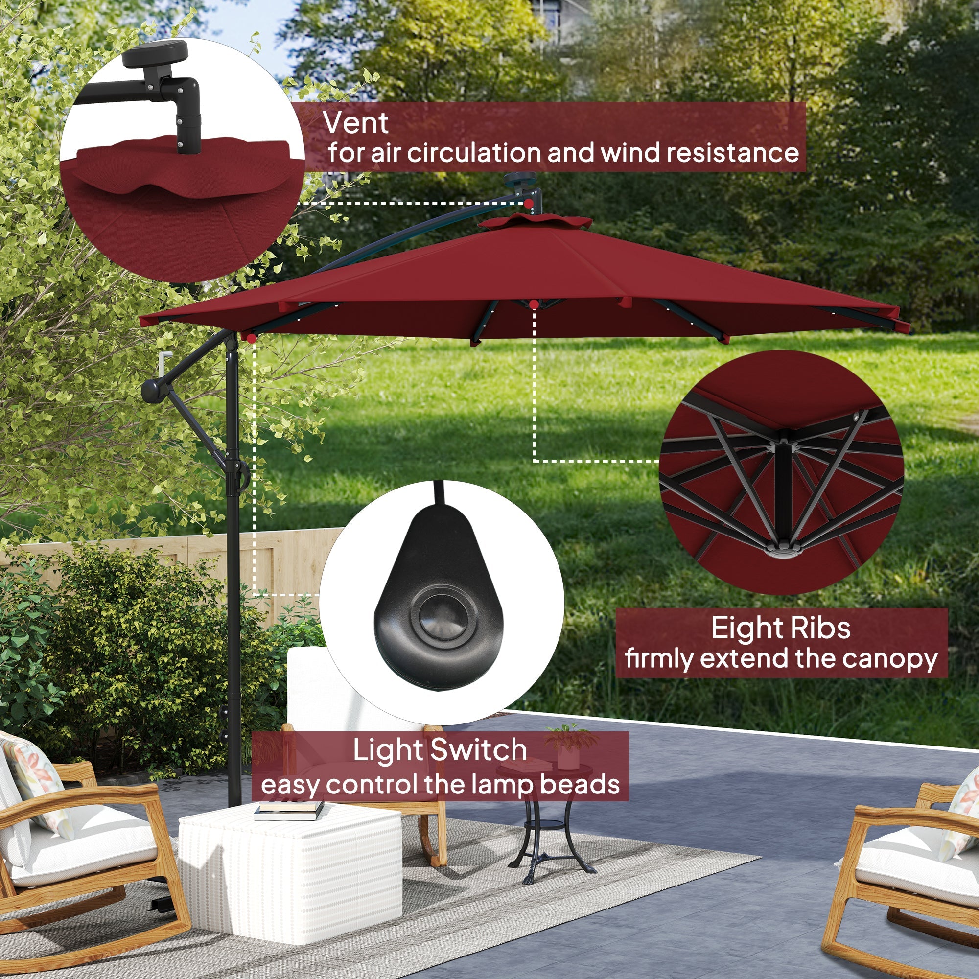 Outsunny 10ft Outdoor Cantilever Umbrella Banana Umbrella with Solar Lights and Adjustable Angle for Patio Backyard Wine Red 