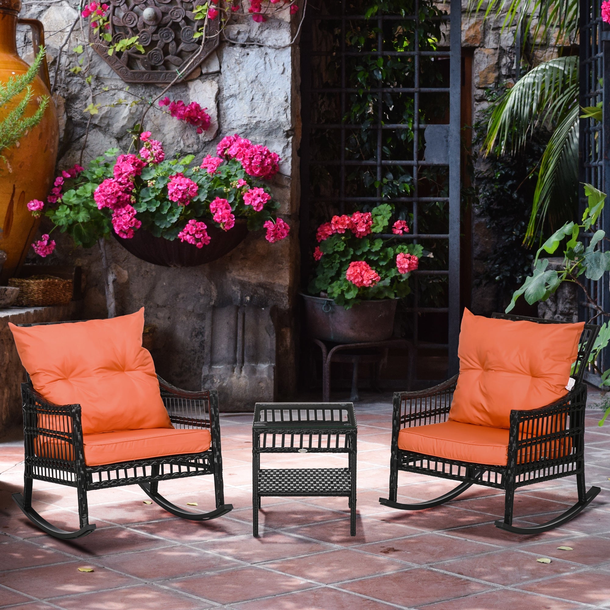 Outsunny 3 Pieces Outdoor PE Rattan Rocker Chair Set, Rocking Chair with Tempered Glass Table Top,25"x26"x28", Wine Red 