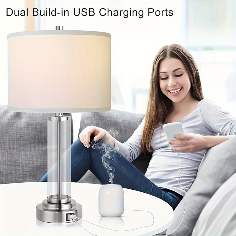 Set of 2 Modern Touch Control Table Lamps – 3-Way Dimmable with USB-C & USB-A Ports, Cream Fabric Shade – Perfect for Bedrooms, Living Rooms & Reading (Bulbs Included) 