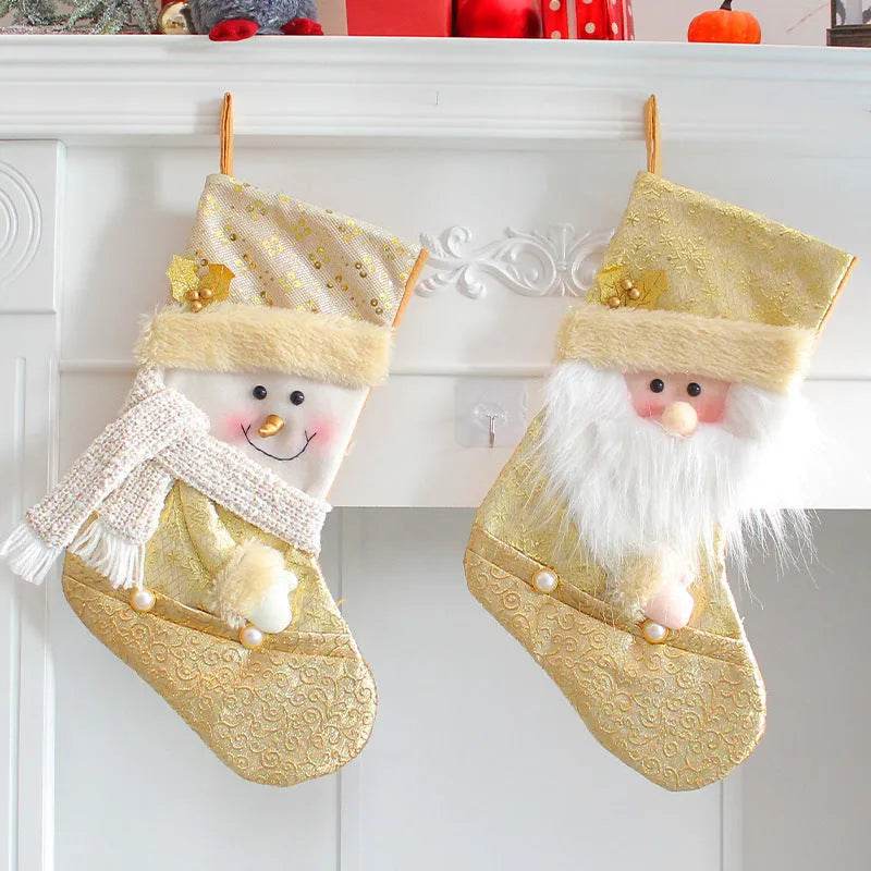 Santa Snowman Gold Christmas Stockings Pendant Candy Bag 