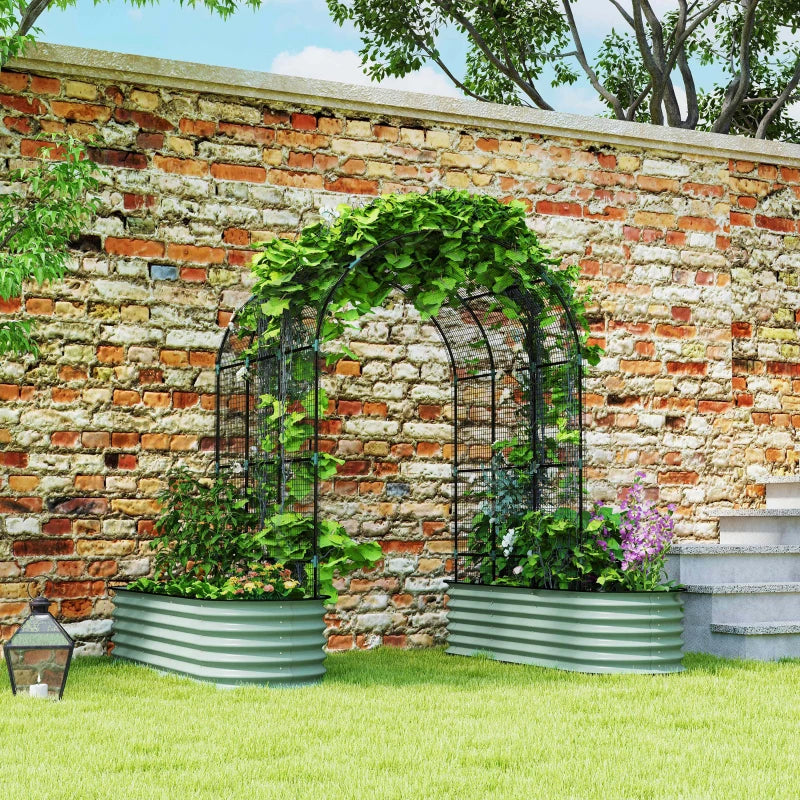 Galvanized Raised Garden Beds with Arch Trellis, Metal Planter Box with Climbing Net, Rubber Strap Edging, Open Bottom