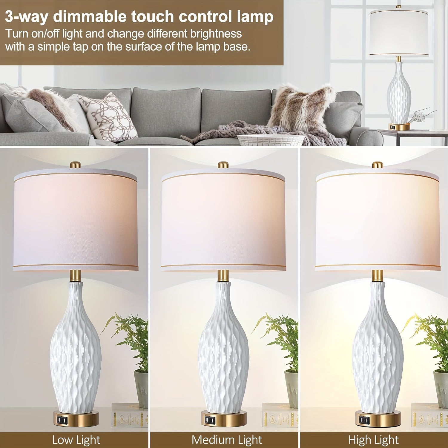 White Table Lamp Set of 2, 3-Way Dimmable Touch Control with USB Ports, 27inch, Linen Shade (LED Bulb Included) 