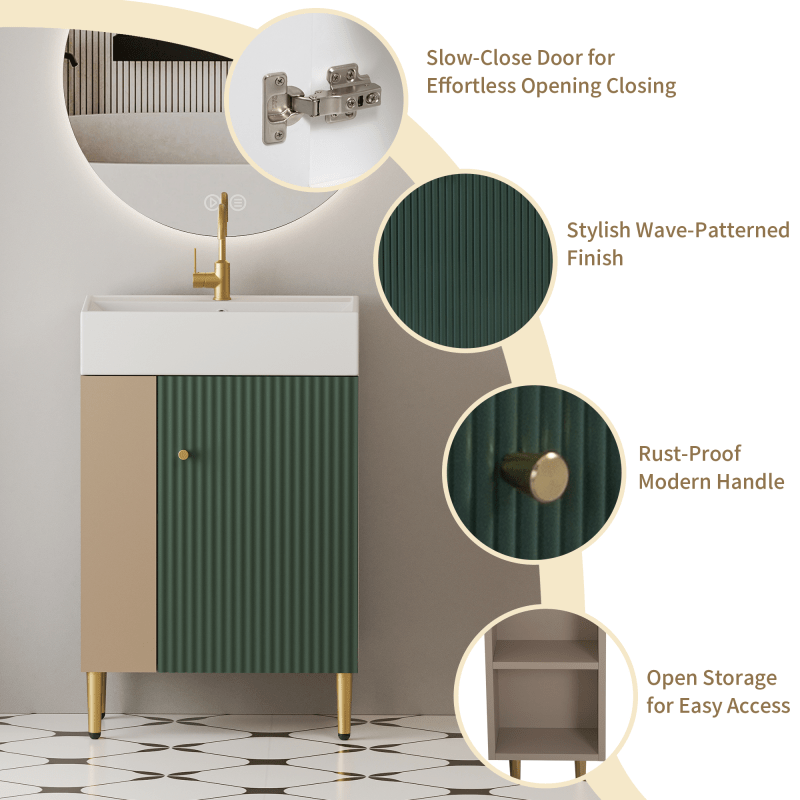 Contemporary Green Bathroom Vanity with Ceramic Sink & Soft-Closing Doors - Open Shelf Storage Cabinet on Left Side, 21.6" Wide, Assembly Required, Bathroom Decor And Accessories 