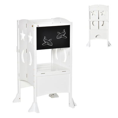 Qaba Foldable Toddler Kitchen Stool with Blackboard & Safety Handrail in White for Ages 3-6 