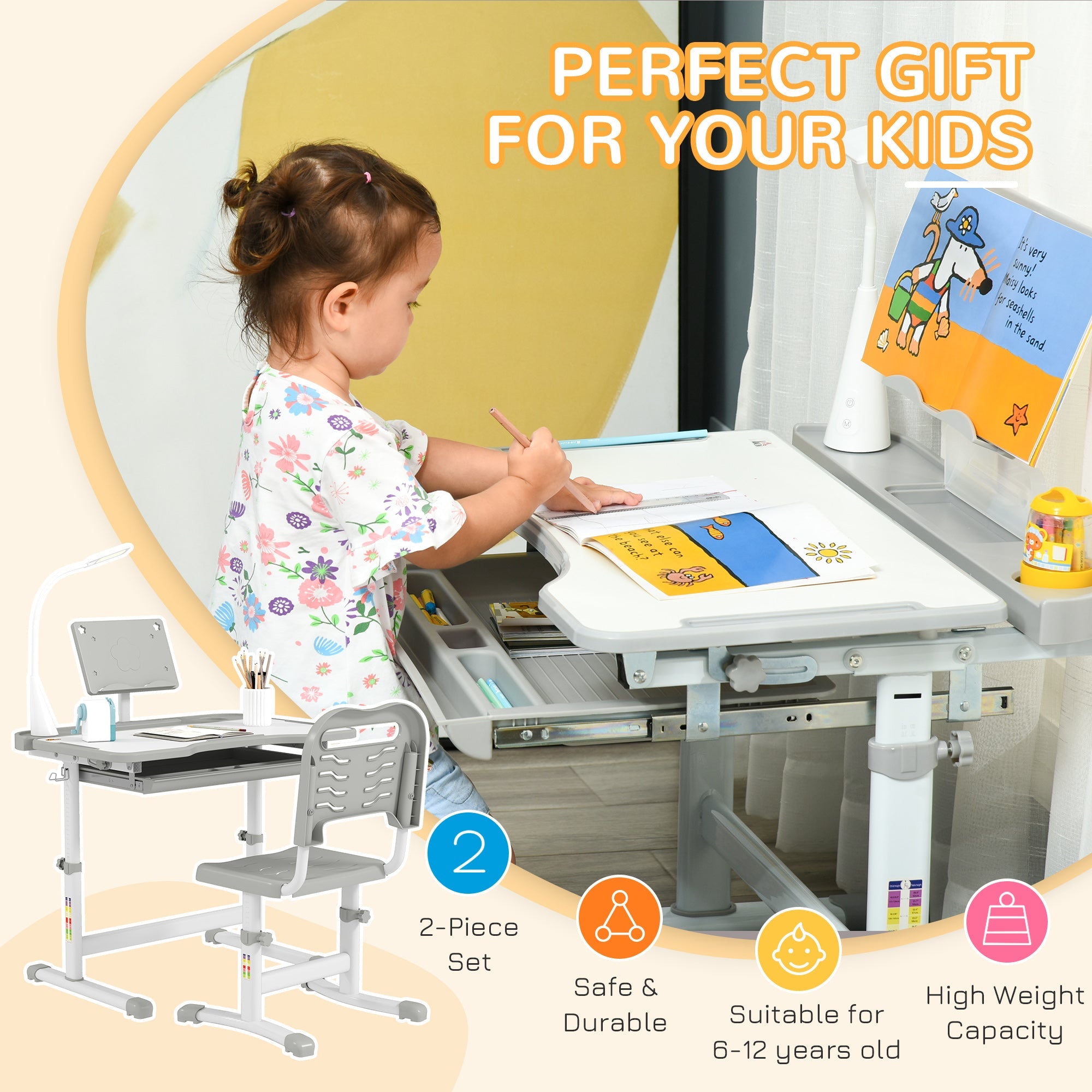 Qaba Kids Desk and Chair Set Height Adjustable Student Writing Desk Children School Study Table with Tilt Desktop, Grey 