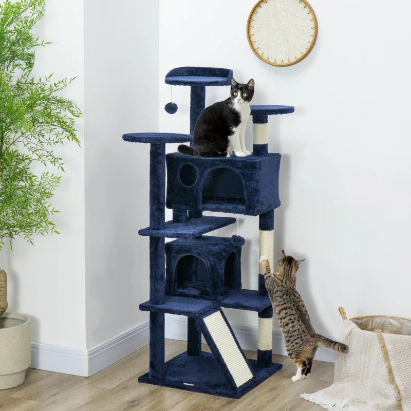 54" Cat Tree, Multi-Level Cat Tower with Scratching Posts, Cat Condos, Bed, Platforms, Ramp, Toy Ball, Dark Blue