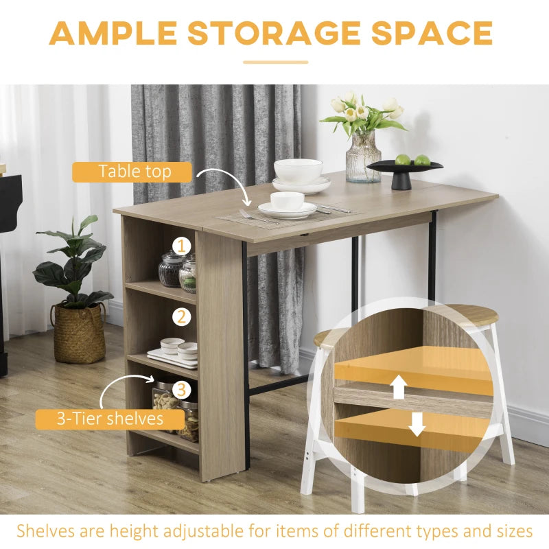 Counter Height Table with Drop Leaf, Extendable Bar Table with Adjustable Storage Shelf, Light Grey