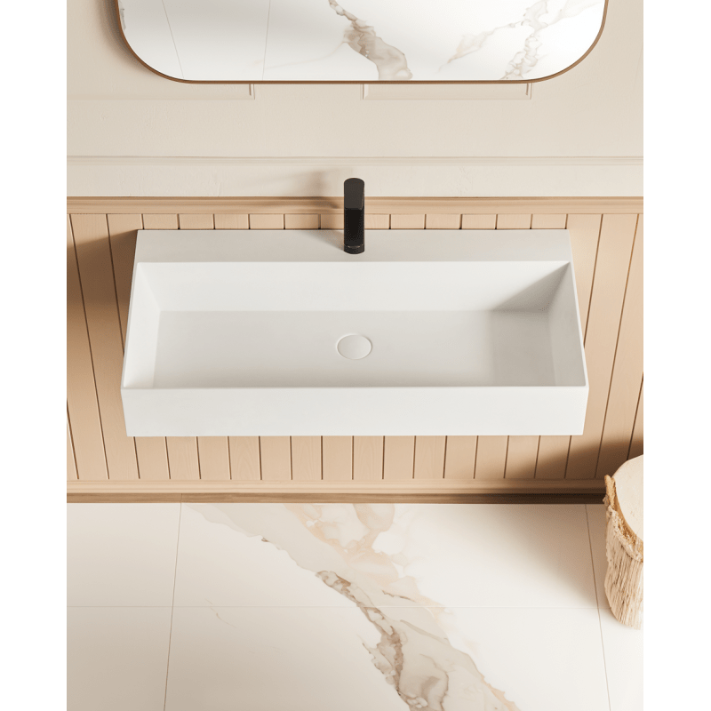 30" x 18" Solid Surface Wall Mount Rec Matte White Vel Sink with Faucet Hole 