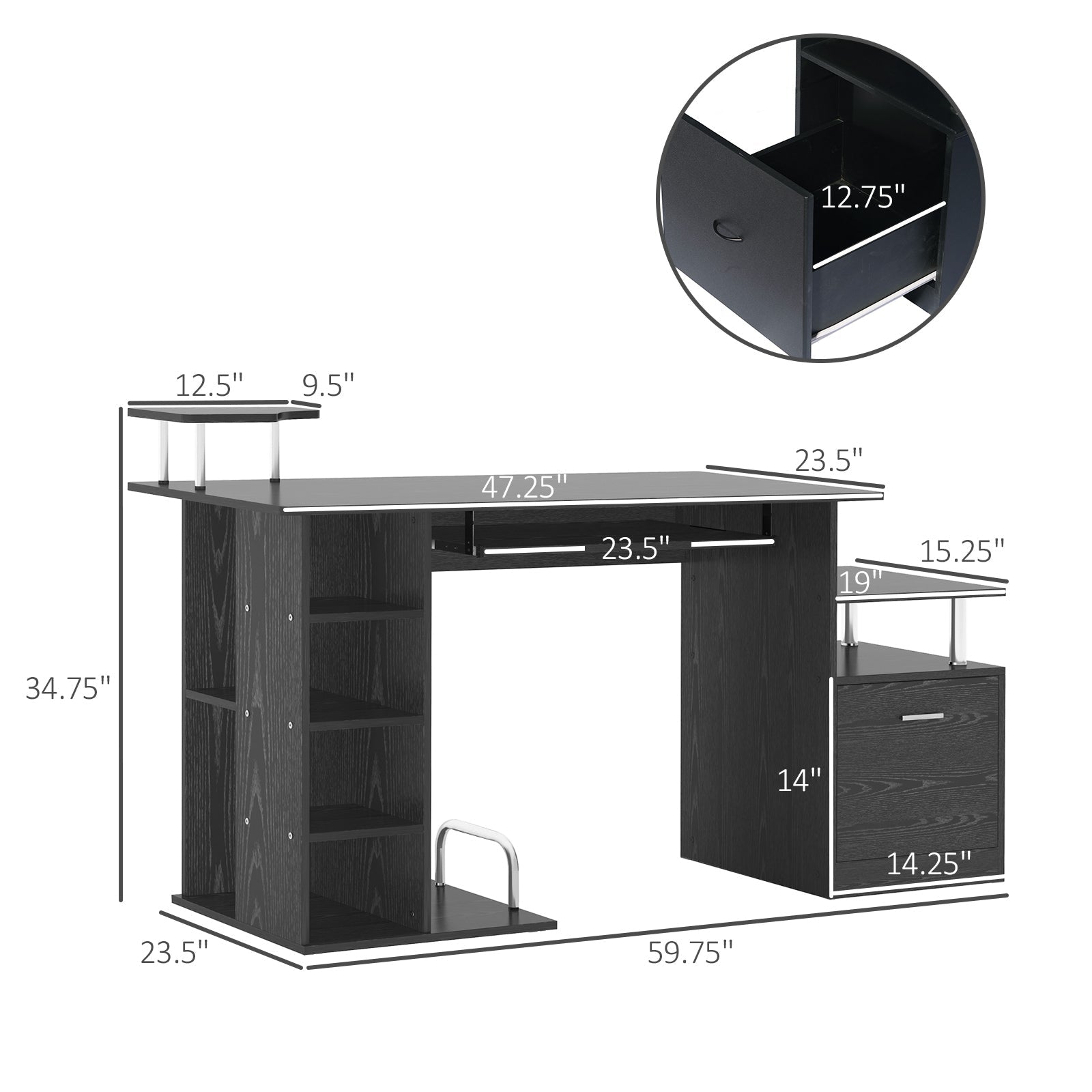 HOMCOM Wooden Computer Desk - Black Laptop Workstation with Storage Shelf and Drawer for Home Office 