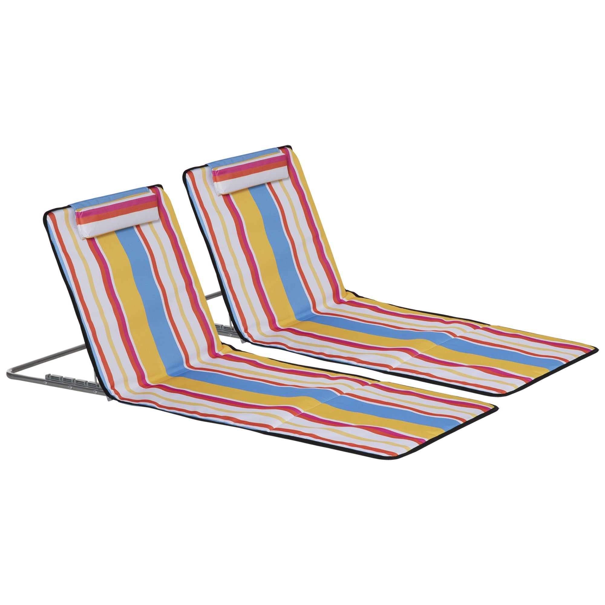 Outsunny Set of 2 Beach Lounge Chair Sun Lounger Beach Mat, Padded Folding Ground Mat Lounge Chair w/Adjustable Back, Steel Frame 