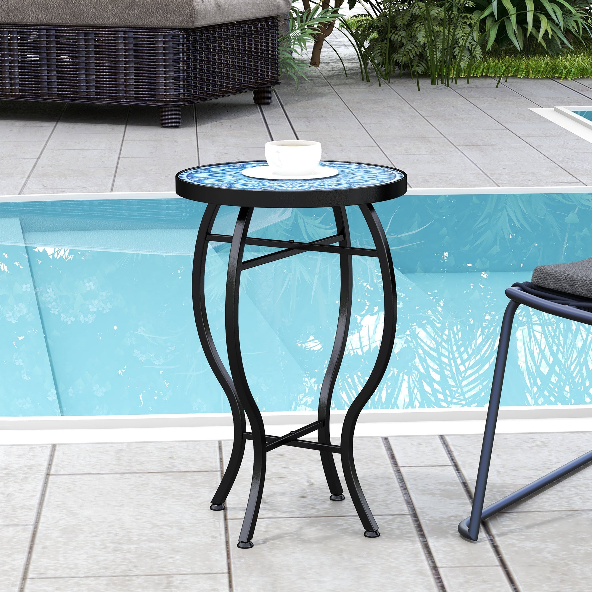 Outsunny Round Patio Bistro Table with Mosaic Top Steel Frame Outdoor Coffee Table for Garden 